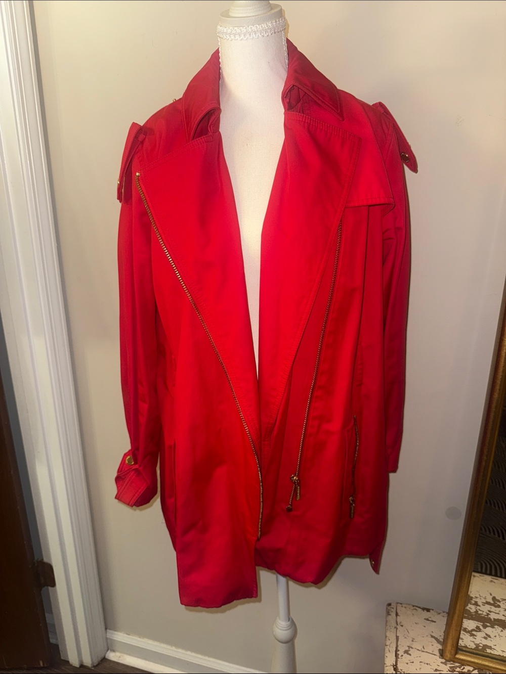 MICHAEL Michael Kors Red Trench Coat with Gold Hardware Accents